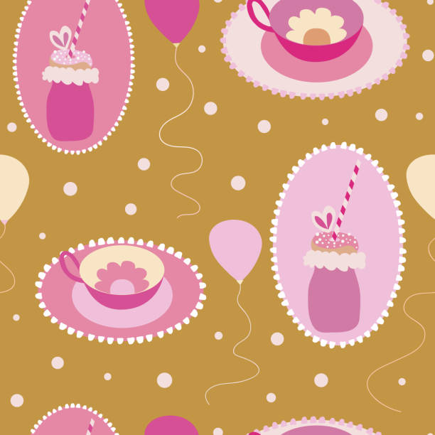 ilustrações de stock, clip art, desenhos animados e ícones de seamless pattern of ballons, dots, teacups and freakyshakes on a gold backfround. - backfround