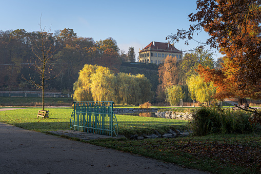 Scenic view of Stromovka town park in Prague, Czech Republic. Colorful autumnal leaves on trees, footpath and a pond. Calm early morning scenery