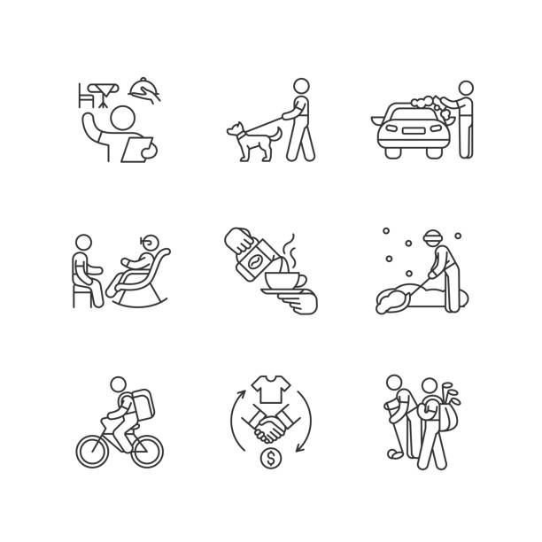 Employment opportunities linear icons set Employment opportunities linear icons set. Restaurant host and hostess. Dog walker. Car washer. Barista. Customizable thin line contour symbols. Isolated vector outline illustrations. Editable stroke barista stock illustrations