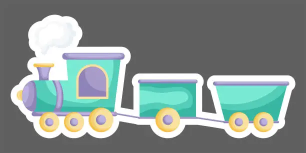 Vector illustration of Cartoon green-purple train for design of notebook, cards, invitation. Cute sticker template decorated with cartoon image. Colorful train in flat style, simple design. Flat vector stock illustration.