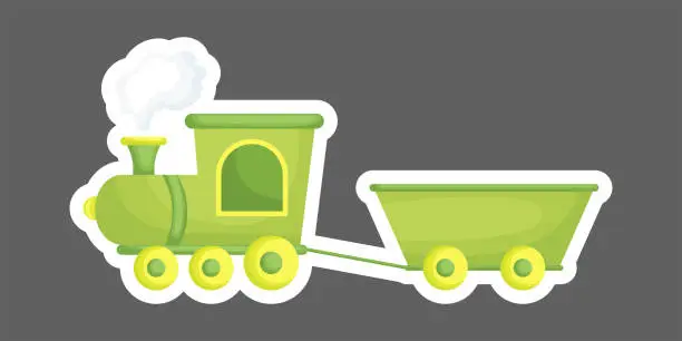 Vector illustration of Cartoon green train for design of notebook, cards, invitation. Cute sticker template decorated with cartoon image. Colorful train in flat style, simple design. Flat vector stock illustration.