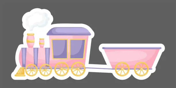 Vector illustration of Cartoon pink train for design of notebook, cards, invitation. Cute sticker template decorated with cartoon image. Colorful train in flat style, simple design. Flat vector stock illustration.