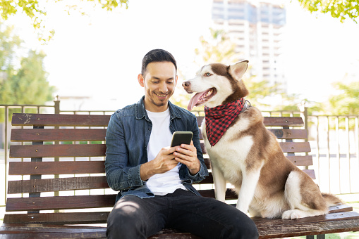 Attractive latin adult man checking social media in his smartphone while sitting with a cute dog wearing a bandana in a park bench