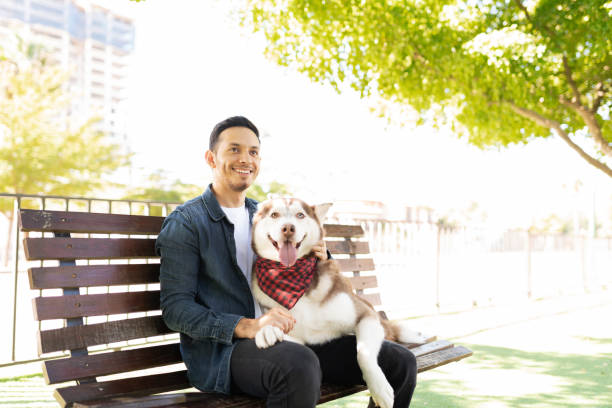 Good loking adult man and his beautiful dog buddy looking happy and sitting in a park bench next to a tree