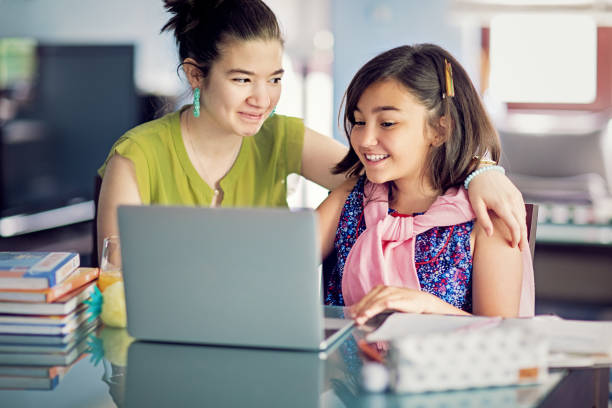 istock Two sisters are e-learning and video conferencing at home 1284309487