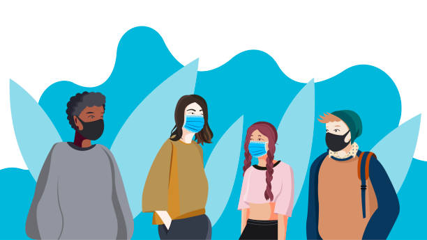 Teaching teenagers in protective masks. vector art illustration