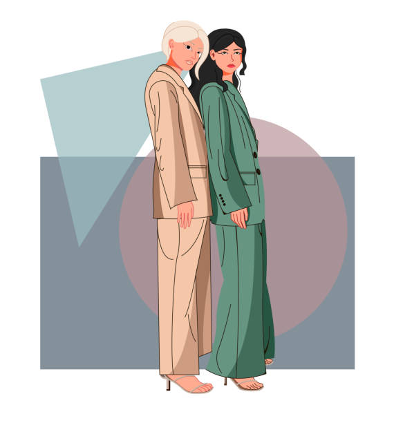 Two fashionable girls models stand on a geometric background. vector art illustration