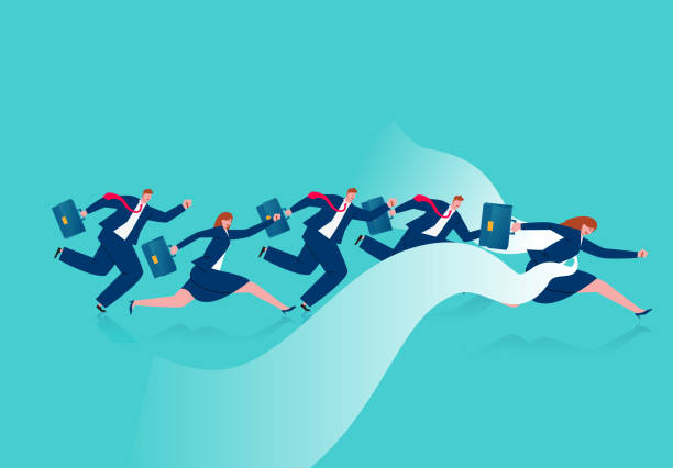 ilustrações de stock, clip art, desenhos animados e ícones de business woman quickly ran across the finish line to win the race, winner, champion and leadership - finish line running aspirations cartoon