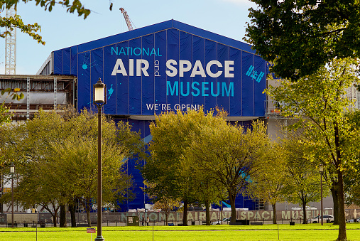 Washington, D.C. / USA - November 3, 2020: The National Air and Space Museum is covered in a temporary sign during its expansion and renovation.