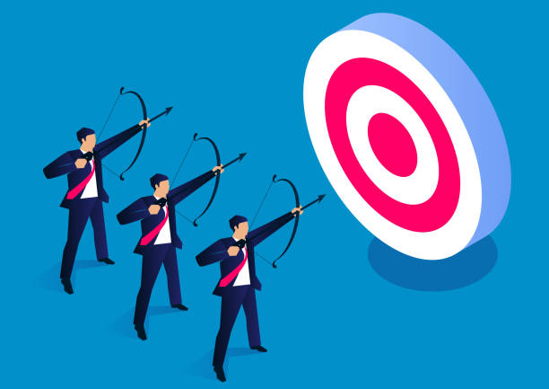 Competition concept, three businessmen holding bows and arrows to shoot bullseye Competition concept, three businessmen holding bows and arrows to shoot bullseye pursuit concept stock illustrations