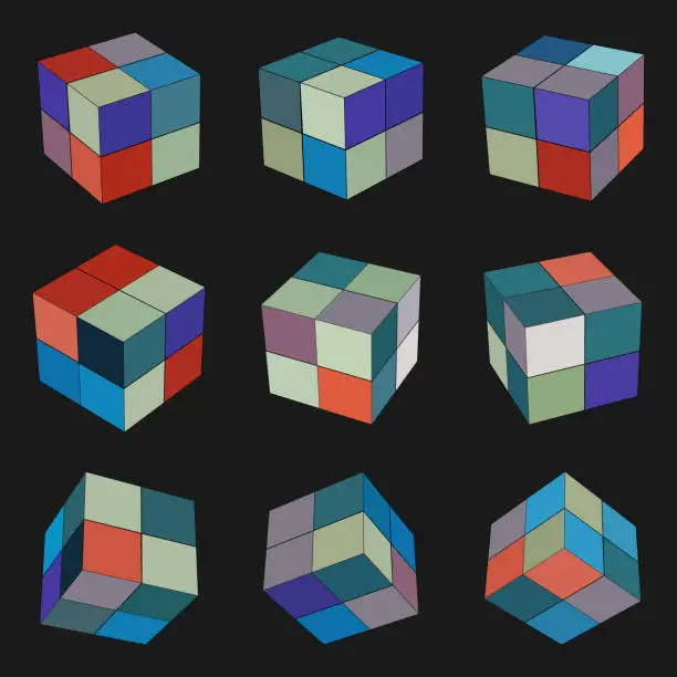 Vector illustration of Set of 3D cube model pattern icon for design