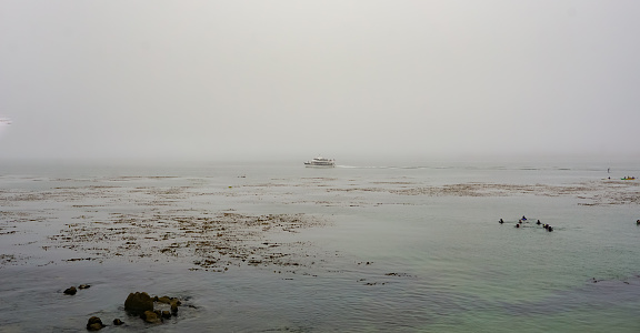 The coastline of Monterey, California is a vacation destination for many.   Whether enjoying by boat or in the water, tourists can find enjoyment at this coastal city. A group of scuba divers head out for a day of underwater adventure