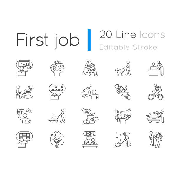 illustrations, cliparts, dessins animés et icônes de ensemble d’icônes linéaires d’expérience de travail d’adolescent - premier emploi