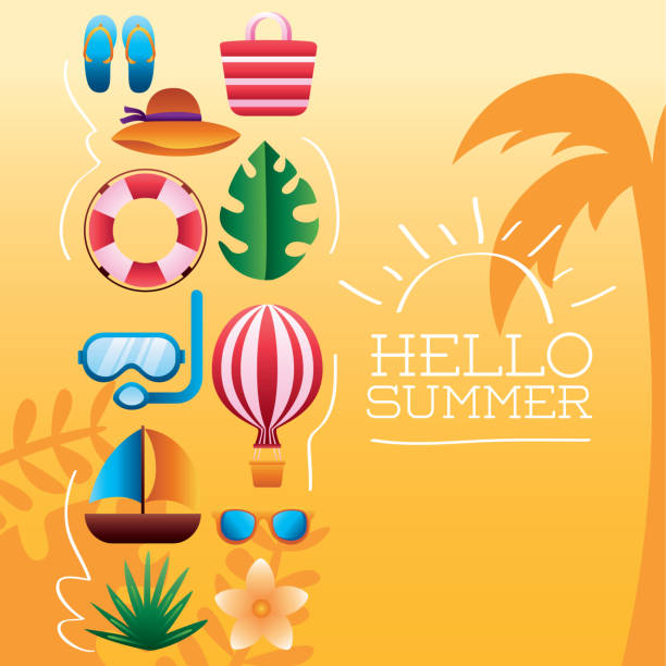 ilustraciones, imágenes clip art, dibujos animados e iconos de stock de hola letras de la temporada de verano con iconos de conjunto - lifeguard float