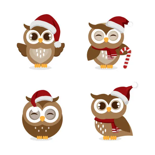 Vector illustration of Christmas theme  owl wearing Santa cap hat.Vector illustration.