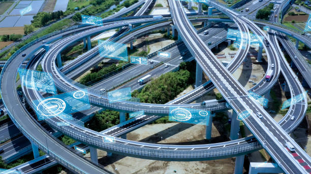 istock Transportation and technology concept. ITS (Intelligent Transport Systems). Mobility as a service. Digital traffic sign. 1284339170