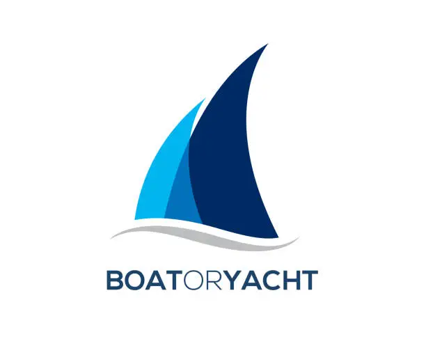 Vector illustration of simple modern boat yacht mainsail intersect with ocean water wave bellow