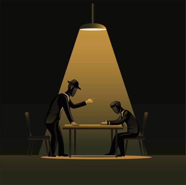 Criminal man introgration in dark room with spotlight. detective police with suspected concept illustration vector Criminal man introgration in dark room with spotlight. detective police with suspected concept illustration vector police interview stock illustrations