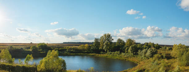 istock Bright summer panoramic landscape with beautiful lake and green hills 1284340257
