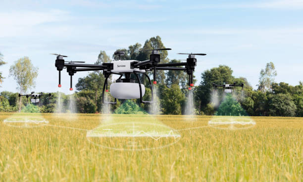 istock Smart agriculture and technology with drones for farming on yellow field background. 3d render. 1284344223
