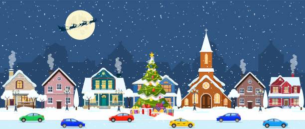 happy new year and merry Christmas happy new year and merry Christmas winter old town street. christmas town city seamless border panorama. Santa Claus with deers in sky above the city. Vector illustration in flat style. snow road stock illustrations