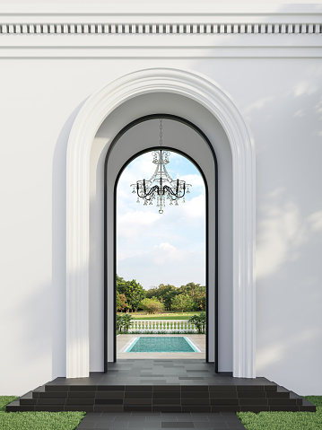 Classical style swimming pool gate with nature view background 3d render, There are arch shape hall and black granite floor decorate with glass chandelier over looking pool terrace and garden.