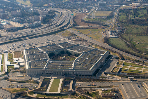 Aerial view of the Pentagon and United States Air Force Memorial near Washington DC