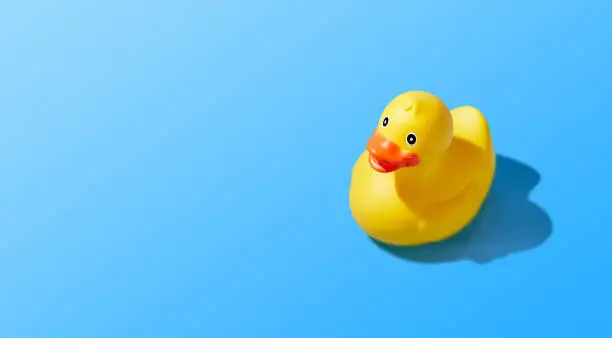 Photo of Isolated yellow rubber duck on a blue background. Copy space