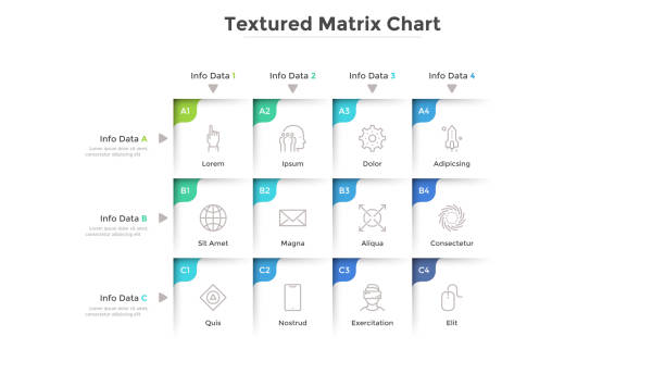 Vector Infographic Template Textured matrix chart with 12 square cells with coordinates arranged in rows and columns. Table with nine options to choose. Modern infographic design template. Vector illustration for presentation. number 12 stock illustrations