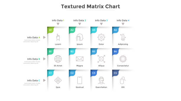 Vector Infographic Template Textured matrix chart with 12 square cells with coordinates arranged in rows and columns. Table with nine options to choose. Modern infographic design template. Vector illustration for presentation. corner tip stock illustrations