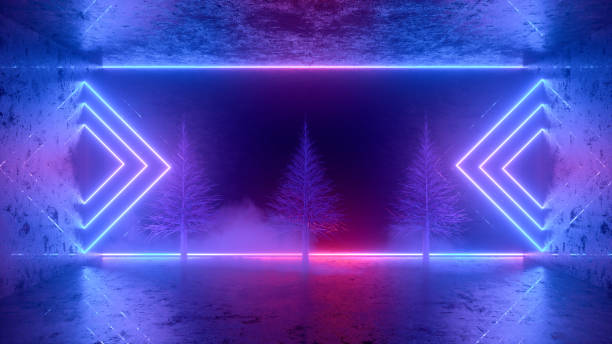 istock 3D Christmas Tree and Ornaments with Neon Lights on Black Background 1284358659