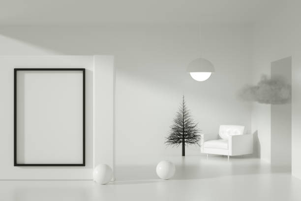 istock 3D Christmas Tree and Empty Frame in white living room 1284358974