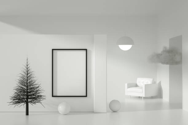 istock 3D Christmas Tree and Empty Frame in white living room 1284359027