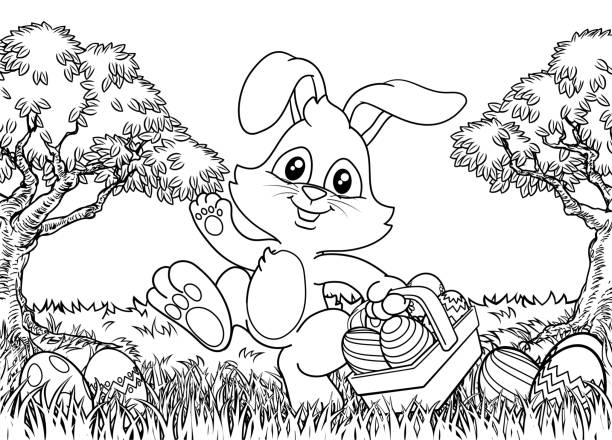 ilustrações, clipart, desenhos animados e ícones de desenho de fundo da cesta de ovos de coelho da páscoa - easter egg paint black and white drawing