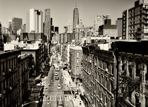 Street of Chinatown, Lower Manhattan, NYC. Sepia toned.