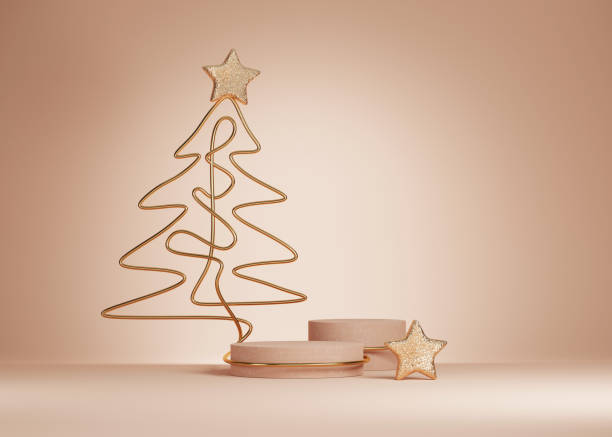 istock 3D Christmas background. Beige podium, display set with gold glitter and Christmas tree line art. Beauty, cosmetic product presentation. Minimal pastel  pedestal showcase. Abstract, winter 3D render. 1284361282