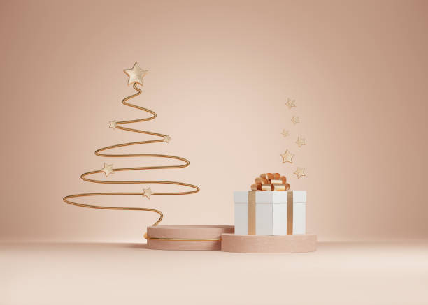 3D Christmas background. Beige podium, display set with gift box and Christmas tree line art. Beauty, cosmetic product presentation. Minimal pastel  pedestal showcase. Abstract, winter 3D render.