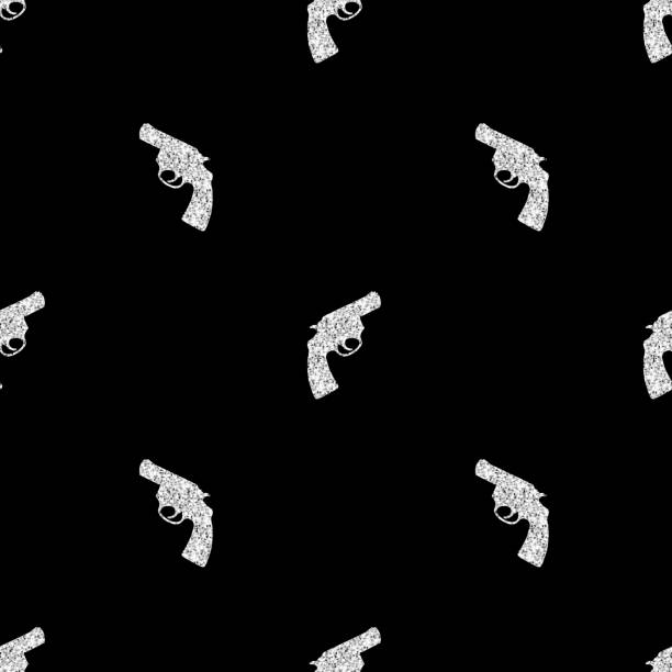 ilustraciones, imágenes clip art, dibujos animados e iconos de stock de sello de pistola de brillo plata sin costuras en el fondo negro - handgun gun blue black