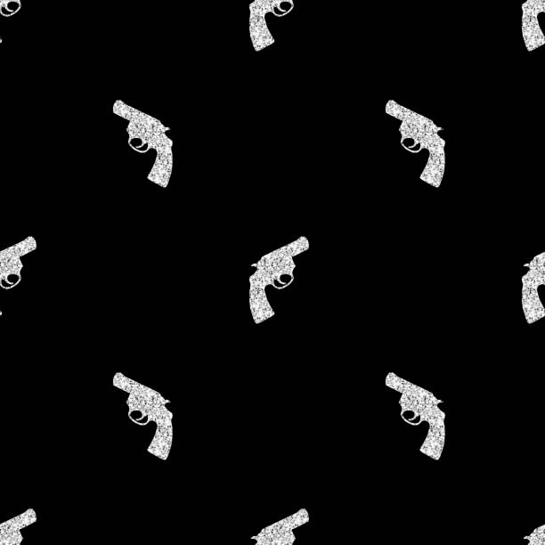 illustrations, cliparts, dessins animés et icônes de timbre de pistolet à paillettes d’argent sans couture sur fond noir - handgun gun blue black