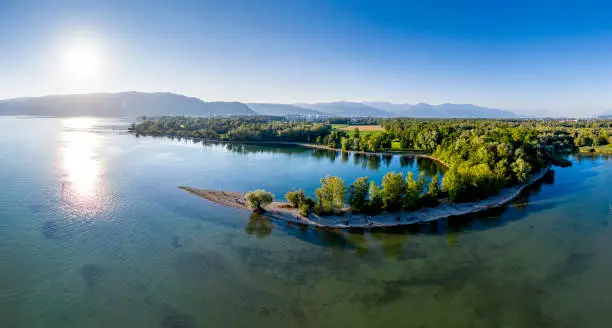 Aerial view of a peninsula at the shore of Lake of Constance in Austria.