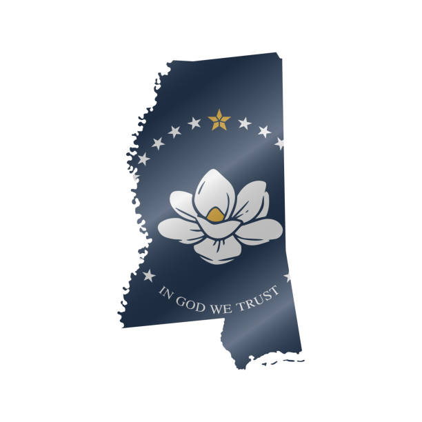 ilustraciones, imágenes clip art, dibujos animados e iconos de stock de mapa de bandera ondeando de mississippi. nueva bandera de magnolia. ilustración vectorial - magnolia southern usa white flower