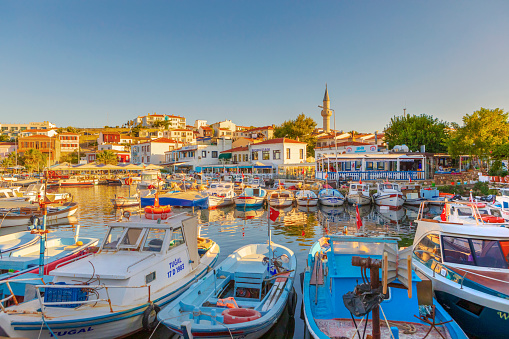 Canakkale, Turkey - Aug 7,2019 ; Bozcaada island marina and traditional island homes