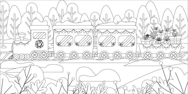 Vector illustration of children's coloring book. Winter landscape. Christmas decorated train.