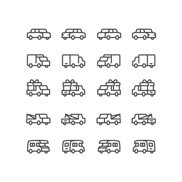 ilustrações, clipart, desenhos animados e ícones de ícones da linha de veículos tridimensionais - semi truck vehicle trailer truck empty