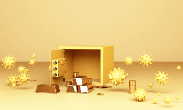 Realistic 3D render illustration of an open safe box with gold bars and coin surrounding by a lot of corona virus covid-19 in yellow tone Realistic 3D render illustration of an open safe box with gold bars and coin surrounding by a lot of corona virus covid-19 in yellow tone 2632 stock pictures, royalty-free photos & images