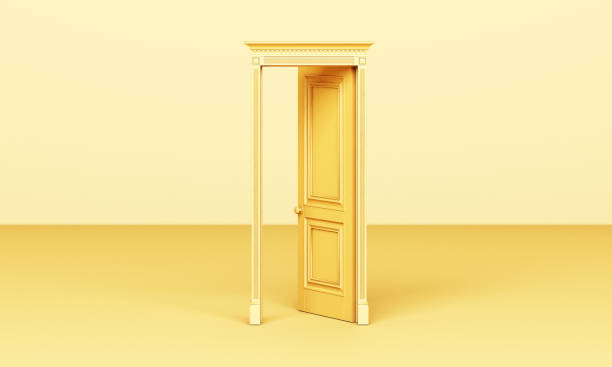 The yellow classic style door is open on a yellow background 3d rendering. The yellow classic style door is open on a yellow background 3d rendering. ajar stock pictures, royalty-free photos & images