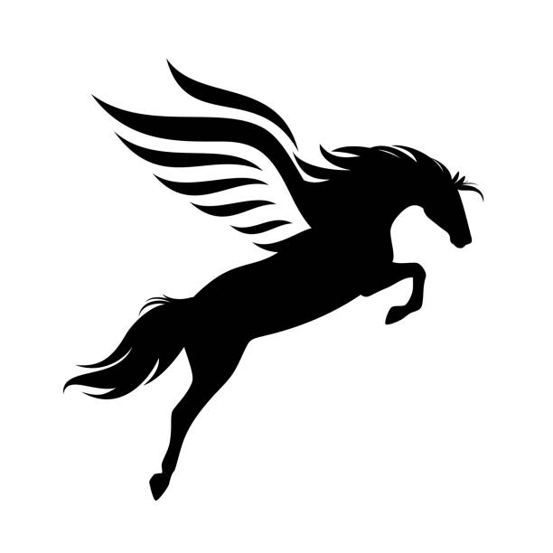 ilustraciones, imágenes clip art, dibujos animados e iconos de stock de caballo pegasus alado volando hacia arriba negro y blanco vector silueta - mythology horse pegasus black and white