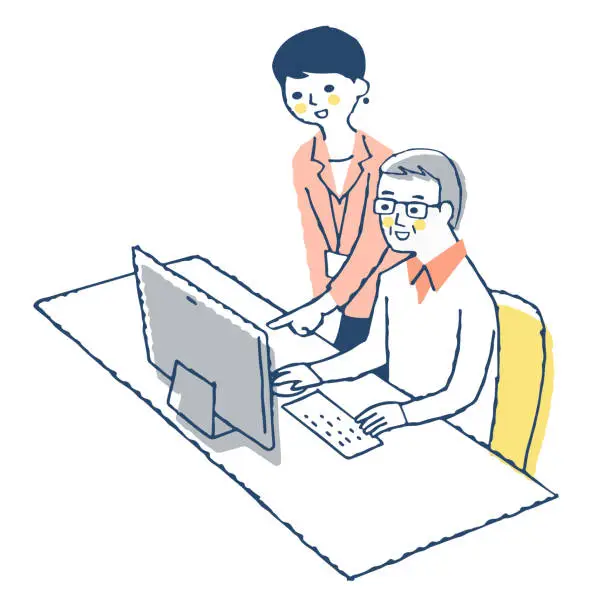 Vector illustration of Senior man learning computer operation from a female instructor