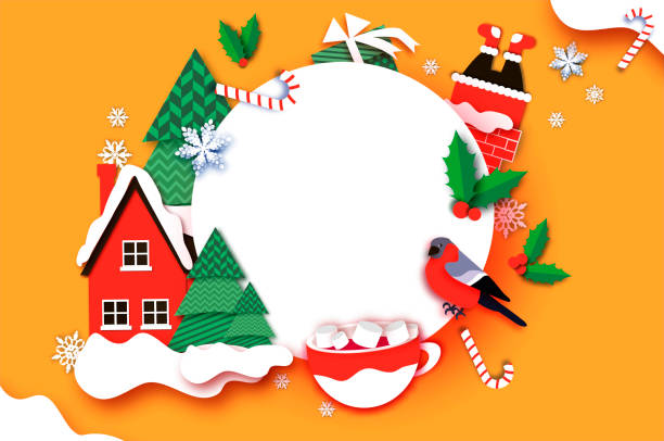с рождеством христовым поздравительная открытка с елкой, загородный дом, подарок. горячее какао с зефиром и милой конфетной кане. зимние ка� - papercraft stock illustrations