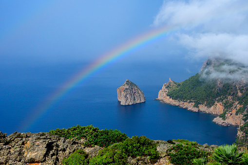 Landscape with a rainbow in the North of the island of Mallorca after the rain
